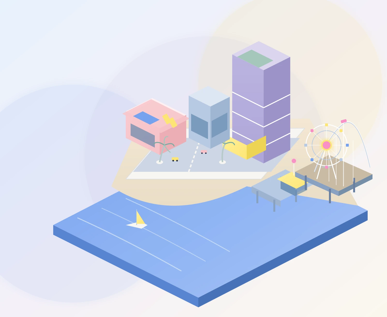 An original coastal miniature diorama: blush studio, lavender gallery tower, and yellow pier pavilion.